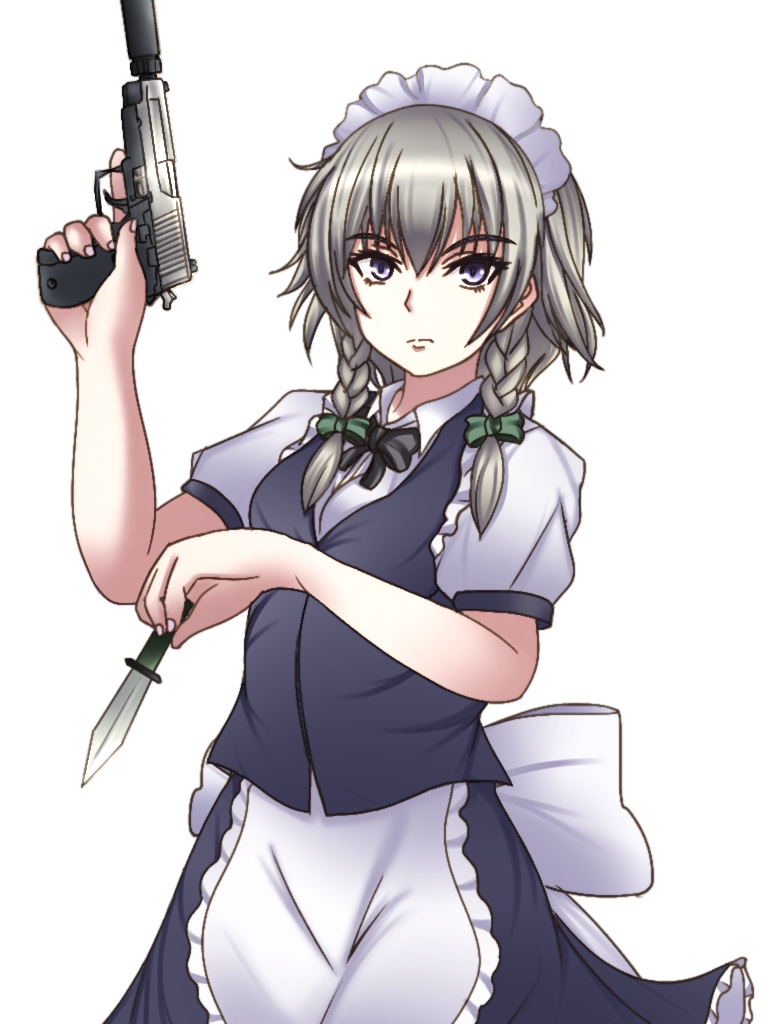 1girl apron bangs black_bow black_neckwear blue_eyes blue_skirt blue_vest bow bowtie braid breasts commentary_request cowboy_shot eyebrows_visible_through_hair frilled_apron frills green_bow gun hair_between_eyes hair_bow hand_up handgun holding holding_gun holding_knife holding_weapon izayoi_sakuya knife looking_at_viewer maid maid_apron maid_headdress pistol puffy_short_sleeves puffy_sleeves shirt short_hair short_sleeves silver_hair simple_background skirt skirt_set small_breasts solo standing touhou trigger_discipline trigger_happy_(rui-rin) twin_braids vest waist_apron weapon white_apron white_background white_shirt wing_collar