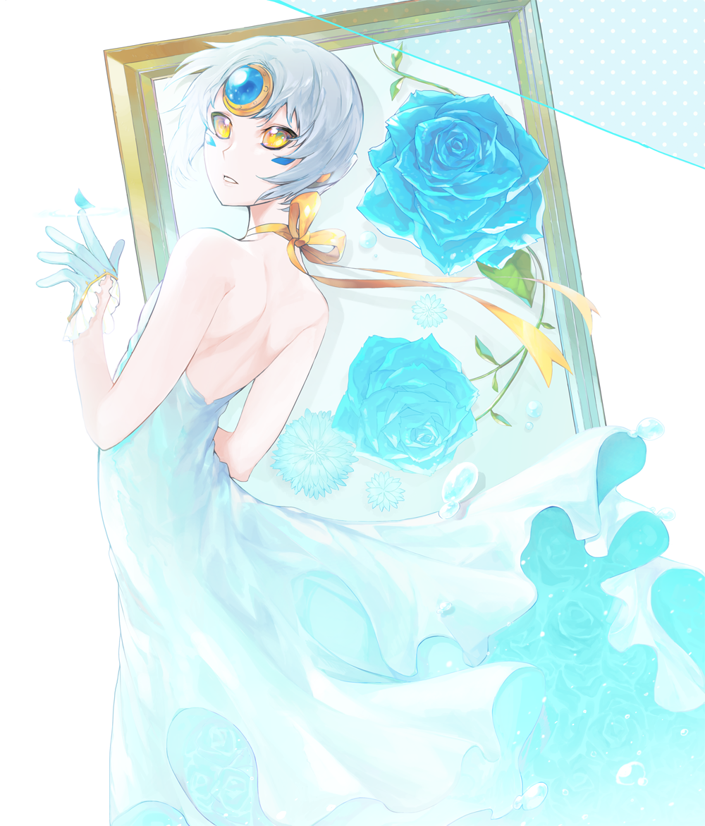 1girl aqua_dress backless_dress backless_outfit blue_flower blue_rose canvas_(object) dress elsword eve_(elsword) facial_mark flower forehead_jewel gloves looking_back neck_ribbon ribbon ribbon_trim rose short_hair silver_hair veluga yellow_eyes