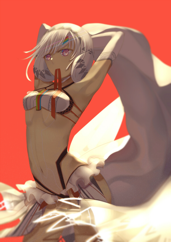 1girl altera_(fate) armpits bangs bare_shoulders blunt_bangs breasts choker collarbone dark_skin detached_sleeves endlessfalling fate/grand_order fate_(series) full_body_tattoo headdress midriff mouth_hold navel red_background red_eyes red_ribbon revealing_clothes ribbon ribbon_in_mouth short_hair showgirl_skirt simple_background skirt small_breasts solo standing stomach tan tattoo veil white_hair white_skirt
