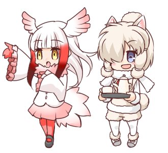 :d :o alpaca_ears alpaca_suri_(kemono_friends) alpaca_tail animal_ears arm_up bangs bird_tail black_footwear blue_eyes blunt_bangs blush_stickers brown_eyes brown_shorts commentary_request cup eyebrows_visible_through_hair full_body fur-trimmed_sleeves fur_trim gloves hair_over_one_eye head_wings holding holding_tray hono japanese_crested_ibis_(kemono_friends) kemono_friends light_brown_hair long_hair long_sleeves lowres multicolored_hair open_mouth pantyhose pink_skirt pleated_skirt red_gloves red_legwear redhead shirt shoes short_shorts shorts simple_background skirt smile standing streaked_hair tail teacup teapot tray white_background white_footwear white_hair white_legwear white_shirt white_wings wide_sleeves wings