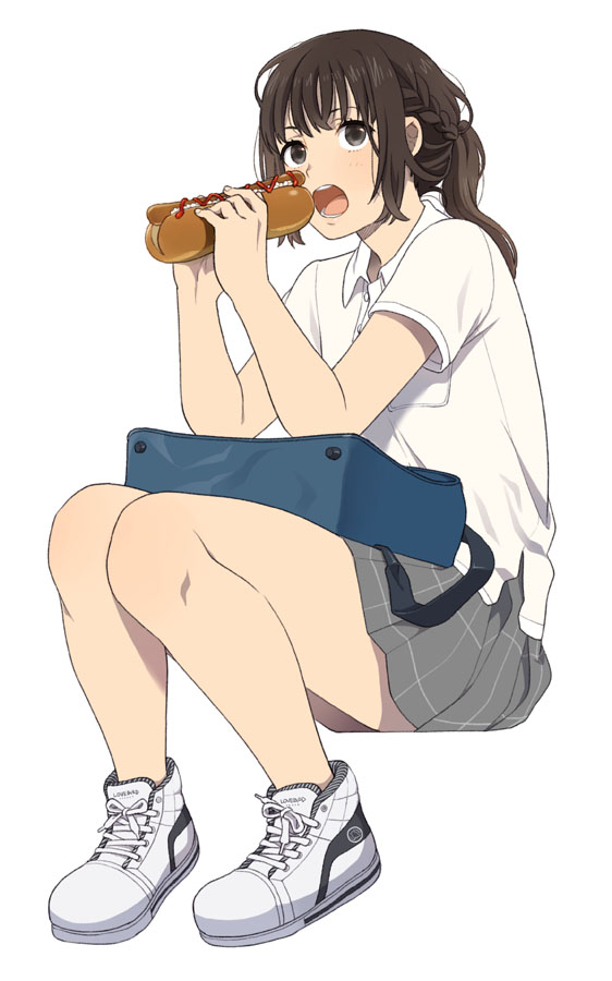 1girl :o bag bangs blush braid brown_eyes brown_hair eyebrows_visible_through_hair fingernails food full_body grey_skirt hands_up holding holding_food hot_dog long_hair mattaku_mousuke no_socks open_mouth original pleated_skirt polo_shirt school_bag shirt shoes short_sleeves side_ponytail simple_background sitting skirt sneakers solo white_background white_footwear white_shirt