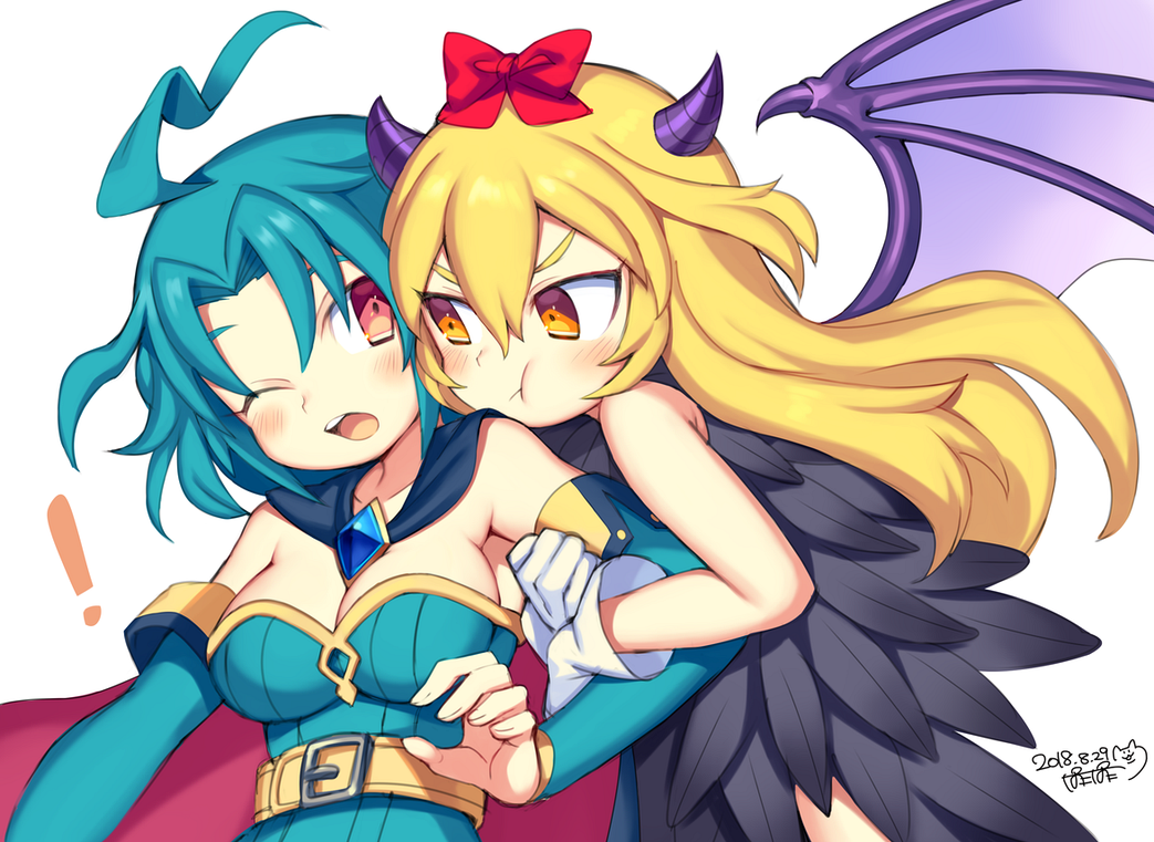 ! 2girls ahoge artist_name aru_(majin_shoujo) bajel blonde_hair blue_hair brave_dungeon breasts brown_eyes cleavage closed_mouth collarbone dated gloves horns iroyopon large_breasts long_hair looking_at_another majin_shoujo multiple_girls one_eye_closed parted_lips pouty_lips red_eyes short_hair white_gloves wings