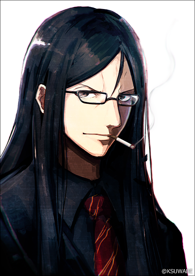 1boy black_hair black_jacket black_shirt brown_eyes cigarette fate/grand_order fate_(series) glasses hair_between_eyes jacket kei-suwabe long_hair looking_at_viewer lord_el-melloi_ii lord_el-melloi_ii_case_files necktie shirt smoking twitter_username upper_body waver_velvet