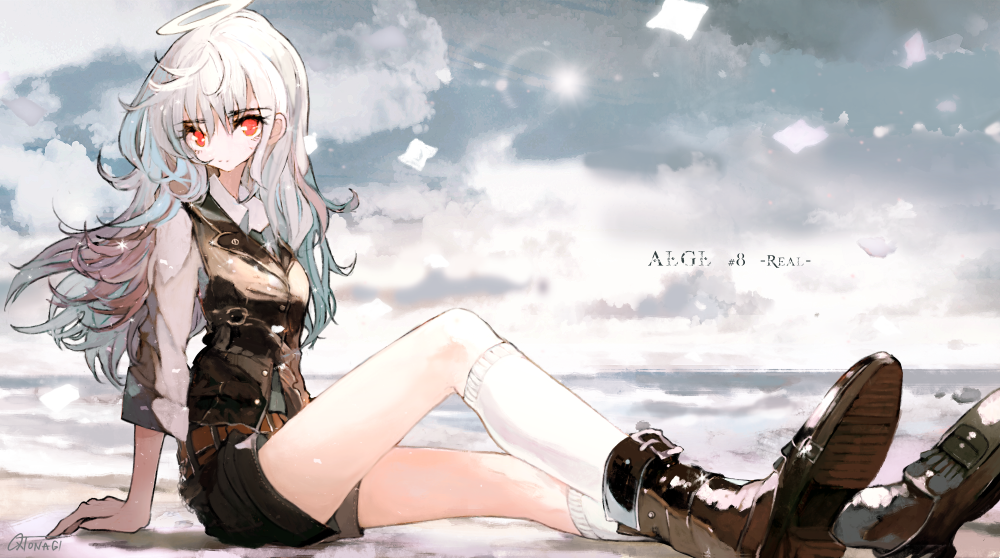 1girl albino arm_support asahiro belt clouds eyebrows_visible_through_hair foreshortening halo head_tilt looking_at_viewer pale_skin red_eyes shorts signature sitting sky sleeves_rolled_up socks solo sun vest white_hair
