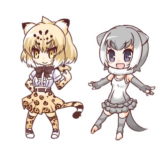 2girls :d animal_ears bangs black_bow blonde_hair blue_eyes blush bow brown_belt brown_eyes brown_skirt center_frills closed_mouth commentary_request elbow_gloves eyebrows_visible_through_hair fingerless_gloves frills full_body fur_collar gloves grey_gloves grey_hair grey_legwear grey_swimsuit hair_between_eyes hono jaguar_(kemono_friends) jaguar_ears jaguar_print jaguar_tail kemono_friends lowres multicolored multicolored_clothes multicolored_hair multicolored_swimsuit multiple_girls one-piece_swimsuit open_mouth otter_ears otter_girl otter_tail outstretched_arms pleated_skirt print_legwear print_skirt shirt shoes short_hair short_sleeves simple_background skirt small-clawed_otter_(kemono_friends) smile standing streaked_hair striped_tail sweater swimsuit tail thigh-highs toeless_legwear v-shaped_eyebrows white_background white_footwear white_hair white_shirt white_sweater
