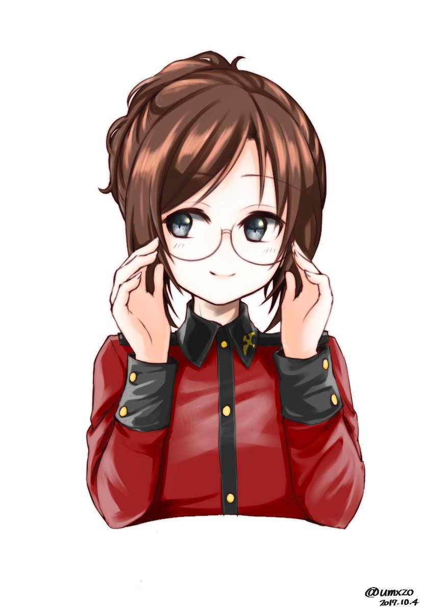 1girl adjusting_eyewear blue_eyes braid brown_hair closed_mouth commentary cropped_torso crown_braid dated epaulettes eyebrows_visible_through_hair girls_und_panzer glasses jacket long_sleeves looking_at_viewer military military_uniform nilgiri portrait red_jacket round_eyewear short_hair simple_background smile solo st._gloriana's_military_uniform twitter_username umxzo uniform white_background