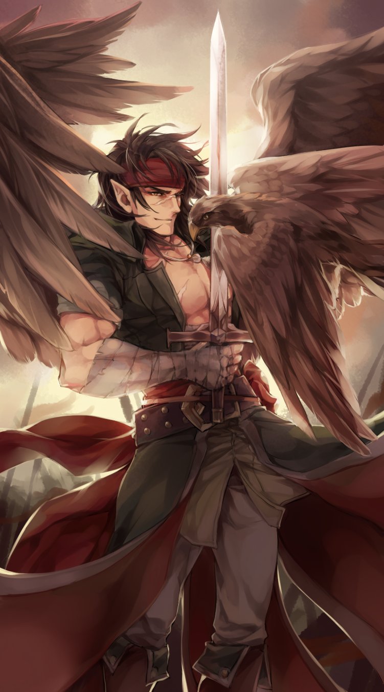 1boy bandage bandanna bird brown_hair brown_wings day eagle feathered_wings fimyuan fire_emblem fire_emblem:_souen_no_kiseki floating_hair grey_pants highres holding holding_sword holding_weapon male_focus nintendo outdoors pants pointy_ears scar solo sword tibarn weapon wings