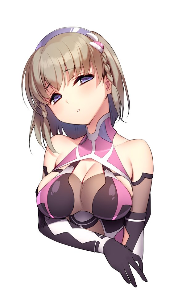 1girl bodysuit braid breasts brown_hair cleavage copyright_request cropped_torso elbow_gloves eyebrows_visible_through_hair gloves hairband head_tilt large_breasts looking_at_viewer parted_lips short_hair simple_background solo tareme tsuyuta_kome twin_braids upper_body violet_eyes white_background