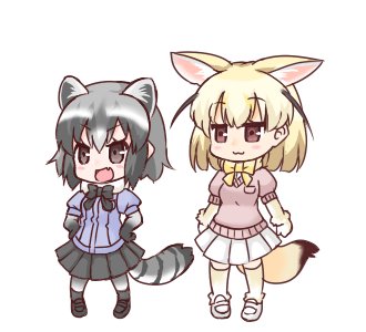 2girls :3 :d animal_ears bangs black_bow black_footwear black_skirt blonde_hair blush bow brown_eyes closed_mouth commentary_request common_raccoon_(kemono_friends) extra_ears eyebrows_visible_through_hair fennec_(kemono_friends) fox_ears fox_girl fox_tail full_body grey_hair grey_legwear hair_between_eyes hands_on_hips hono kemono_friends lowres multiple_girls open_mouth pantyhose pink_sweater pleated_skirt puffy_short_sleeves puffy_sleeves purple_shirt raccoon_ears raccoon_girl raccoon_tail shirt shoes short_sleeves simple_background skirt smile standing striped_tail sweater tail thigh-highs white_background white_footwear white_skirt yellow_bow