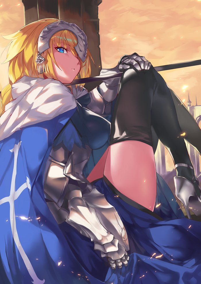 1girl armor armored_dress bangs blonde_hair blue_cape blue_dress blue_eyes braid breasts cape dress eyebrows_visible_through_hair fate/apocrypha fate/grand_order fate_(series) faulds flag gauntlets headpiece high_heels holding holding_flag jeanne_d'arc_(fate) jeanne_d'arc_(fate)_(all) large_breasts legs_up long_braid long_hair looking_at_viewer ohland outdoors plackart single_braid sitting standard_bearer thigh-highs thighs yellow_sky