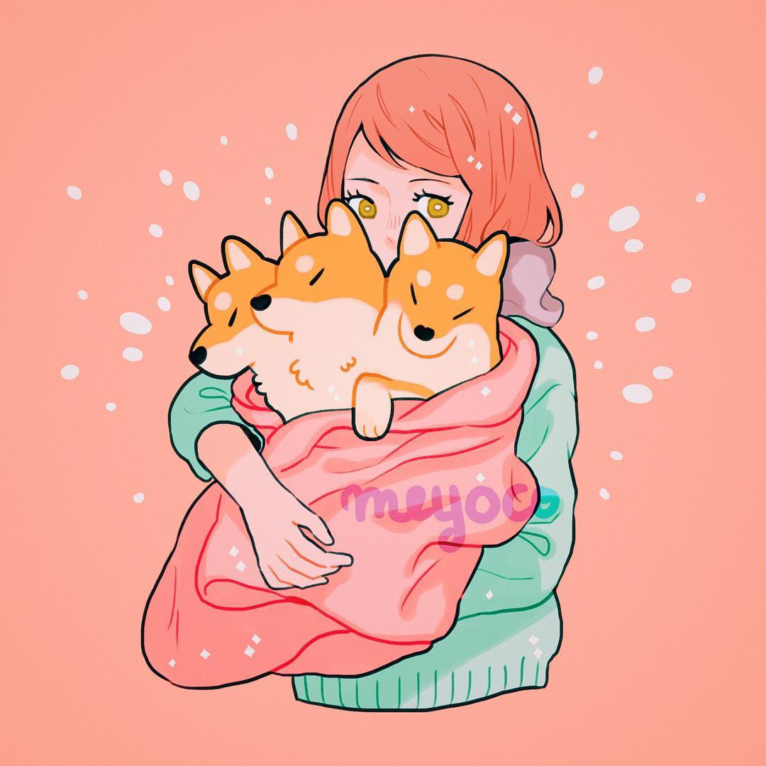 1girl artist_name blanket cerberus dog green_sweater long_sleeves meyoco multiple_heads original pink_background redhead shiba_inu simple_background sparkle sweater upper_body yellow_eyes