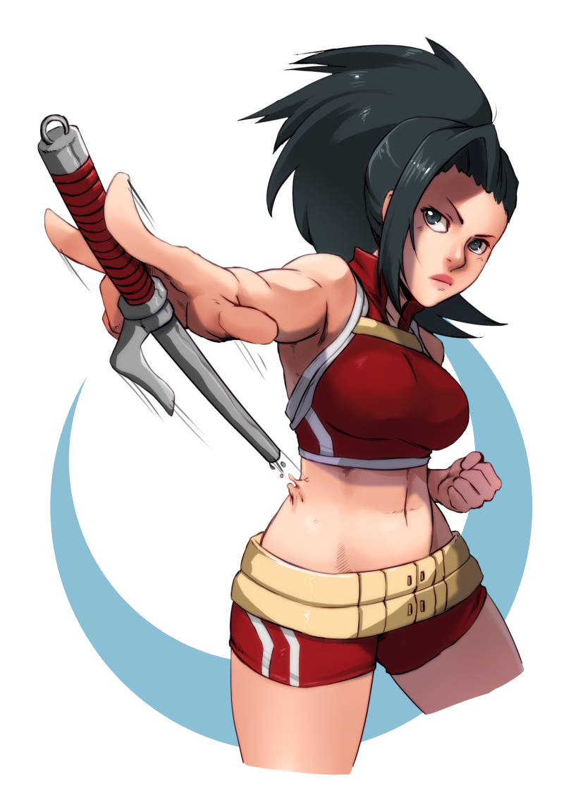 1girl alternate_costume belt between_fingers bike_shorts black_eyes black_hair boku_no_hero_academia breasts clenched_hand commentary crop_top cropped_legs english_commentary high_ponytail large_breasts lips midriff multiple_belts navel ponytail reverse_grip sai_(weapon) serious shorts sleeveless solo whistle_frog yaoyorozu_momo