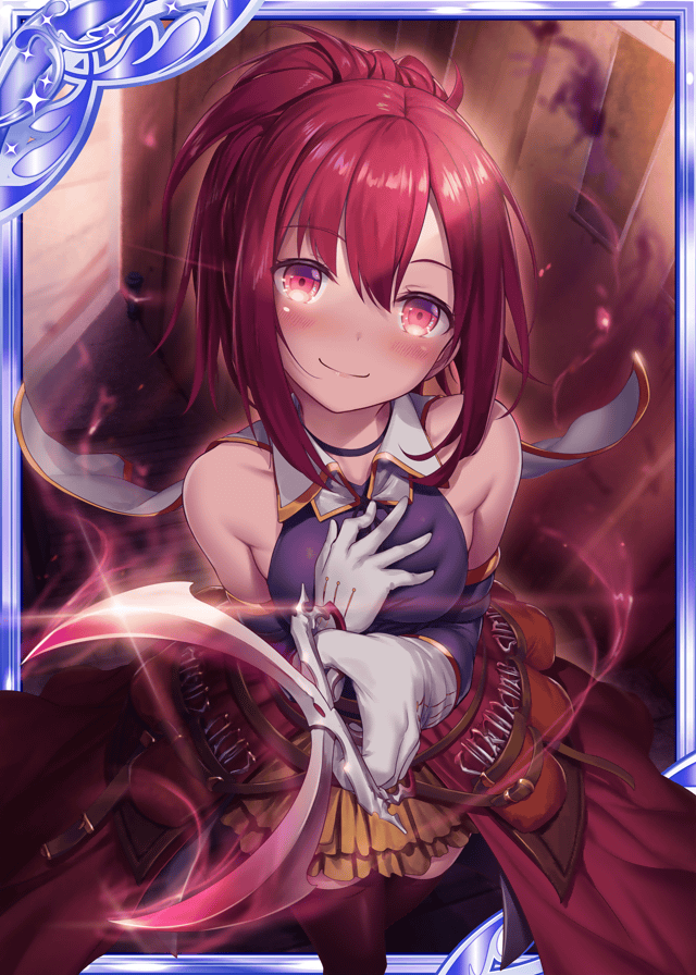 1girl akkijin aura breasts card_(medium) darkness dress gloves glowing glowing_eyes hand_on_own_chest holding holding_scissors large_breasts looking_up official_art outdoors purple_dress red_eyes redhead scissors shinkai_no_valkyrie smile stairs sunlight thigh-highs weapon white_gloves
