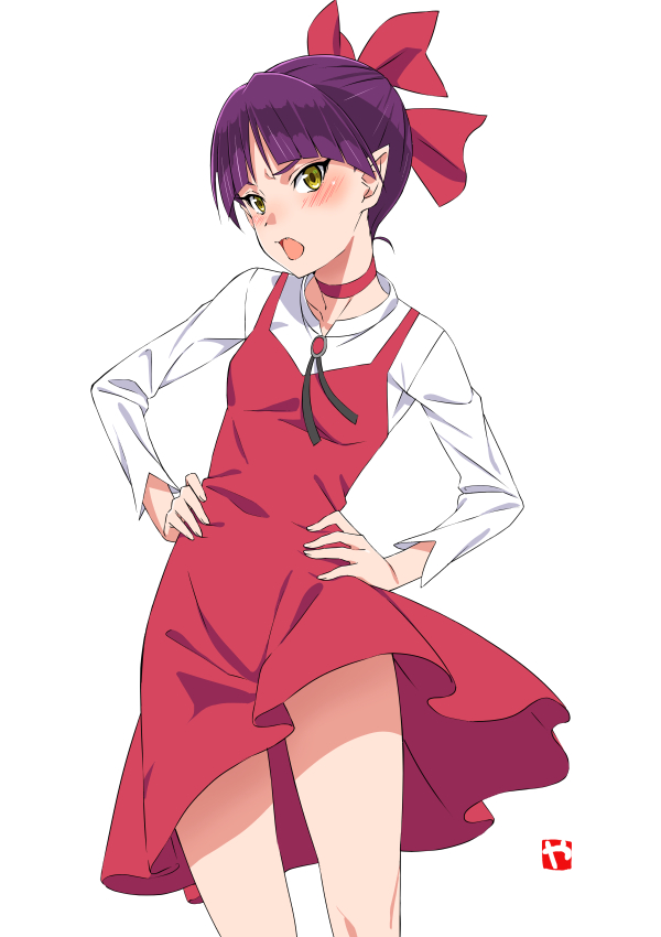 1girl bangs blush bolo_tie bow cat_girl choker contrapposto dress dress_lift embarrassed gegege_no_kitarou hair_bow hair_bun hands_on_hips long_sleeves nekomusume nekomusume_(gegege_no_kitarou_6) pinafore_dress pointy_ears purple_hair red_bow red_choker red_dress shirt white_background white_shirt yamazaki_(now_printing) yellow_eyes