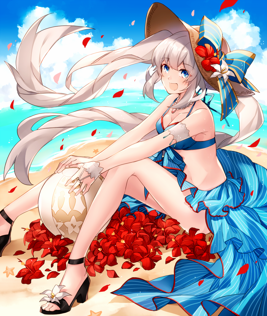 1girl ball bare_legs bare_shoulders beach beachball bikini blue_bikini blue_bow blue_eyes bow breasts eyebrows_visible_through_hair fate/grand_order fate_(series) flower grey_hair hair_between_eyes hat hat_bow hat_flower hizuki_miya jewelry long_hair looking_at_viewer marie_antoinette_(fate/grand_order) medium_breasts necklace open_mouth petals red_flower sand sidelocks sitting smile solo swimsuit twintails very_long_hair white_flower