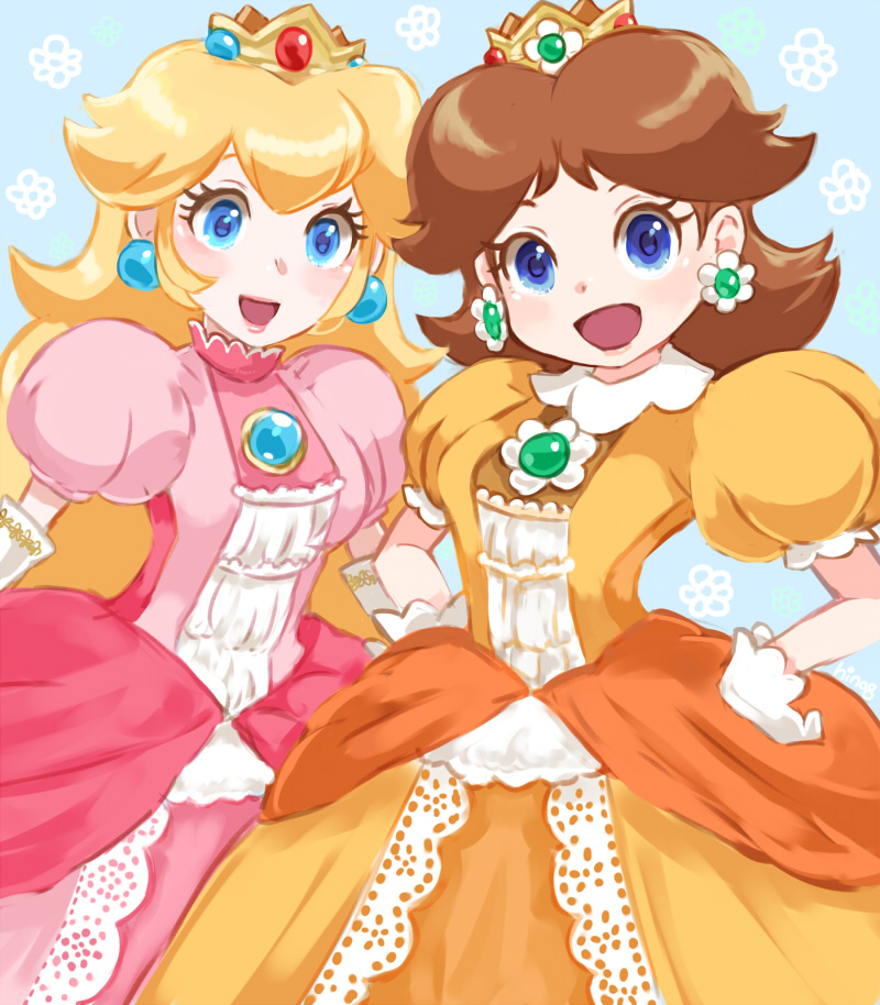 2girls :d blonde_hair blue_background blue_eyes blush brooch brown_hair crown dress earrings floral_background flower flower_earrings gem gloves hands_on_hips hino_(8) jewelry lipstick long_hair looking_at_viewer makeup super_mario_bros. medium_hair multiple_girls nintendo open_mouth pink_dress pink_lipstick princess princess_daisy princess_peach puffy_short_sleeves puffy_sleeves short_sleeves smile super_mario_bros. white_flower white_gloves yellow_dress