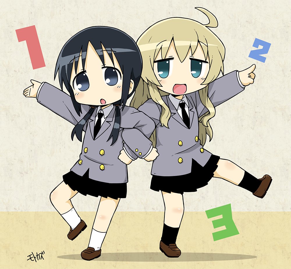 2girls ahoge aqua_eyes black_eyes black_hair blonde_hair chibi chito_(shoujo_shuumatsu_ryokou) commentary kill_me_baby locked_arms long_hair low_twintails motokazu_(dontokodon) multiple_girls parody school_uniform shoujo_shuumatsu_ryokou twintails yuuri_(shoujo_shuumatsu_ryokou)