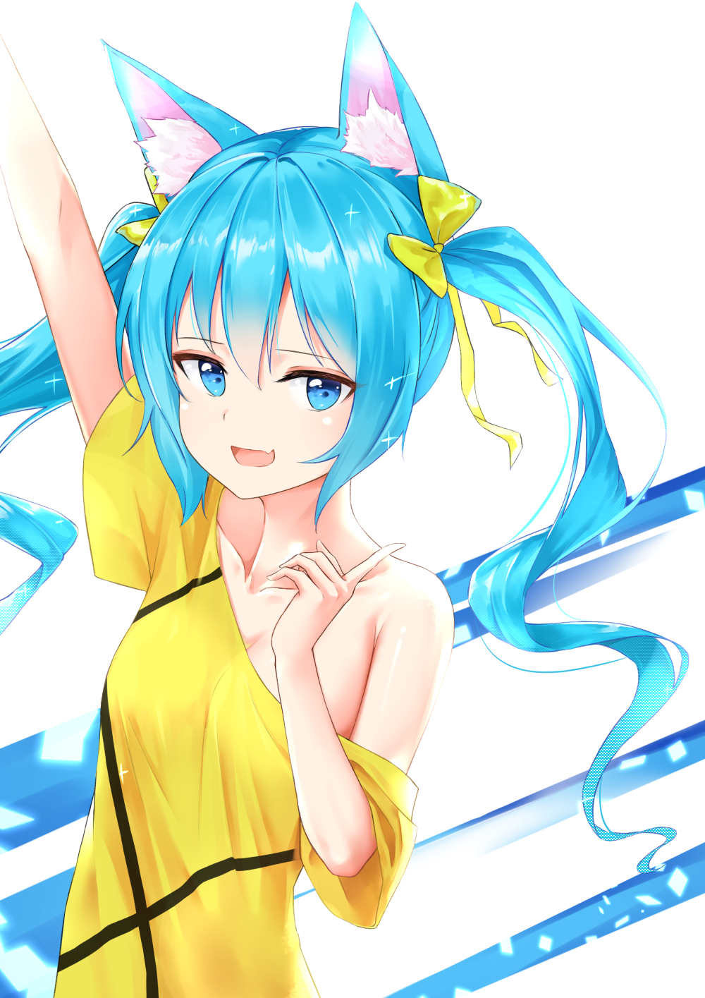 1girl :d animal_ears arm_up blonde_hair blue_eyes blue_hair bow breasts cat_ears cleavage cola collarbone hair_between_eyes hair_bow hatsune_miku highres index_finger_raised long_hair looking_at_viewer mojomaru off_shoulder open_mouth shiny shiny_hair shirt small_breasts smile solo sparkle standing twintails upper_body vocaloid washing_back yellow_bow yellow_shirt