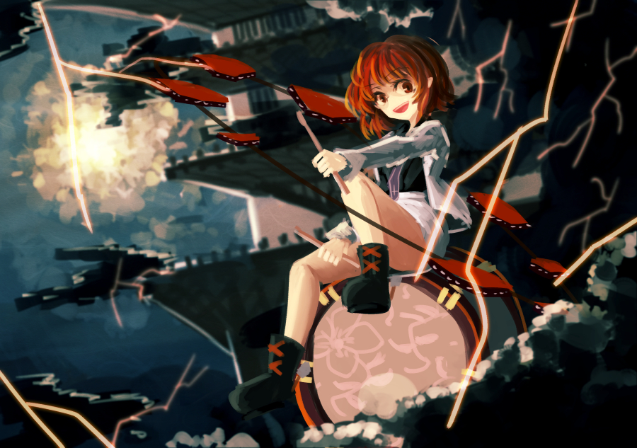 1girl akaiha_(akaihasugk) bare_legs black_shirt clouds cloudy_sky drum drumsticks eyebrows_visible_through_hair horikawa_raiko instrument lightning looking_to_the_side necktie open_mouth red_eyes redhead shining_needle_castle shirt shoes short_hair skirt sky smile thighs touhou