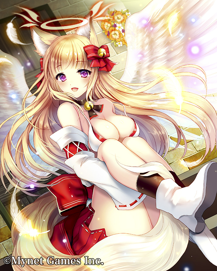 1girl :d angel_wings animal_ears bell black_choker black_legwear blonde_hair boots bow breasts choker cleavage door dutch_angle eyebrows_visible_through_hair flower fox_ears fox_tail hair_bow jingle_bell knees_up large_breasts leg_hug long_hair looking_at_viewer maboroshi_juuhime official_art open_mouth red_bow red_skirt robosuke sitting skirt smile solo stairs stone_wall tail very_long_hair violet_eyes wall white_footwear white_wings wings