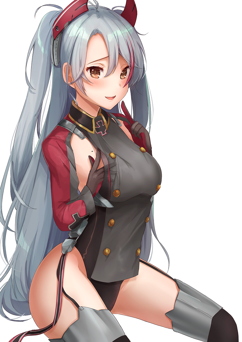 1girl antenna_hair armpit_cutout azur_lane bangs black_panties blush breasts brown_eyes eyebrows_visible_through_hair garter_straps groin hair_between_eyes hand_on_own_chest hand_up headgear highres index_finger_raised iron_cross kelly_0w0 large_breasts long_hair looking_at_viewer mole mole_on_breast multicolored_hair open_mouth panties prinz_eugen_(azur_lane) redhead silver_hair simple_background sitting smile solo streaked_hair thigh-highs thighs two_side_up underwear very_long_hair white_background
