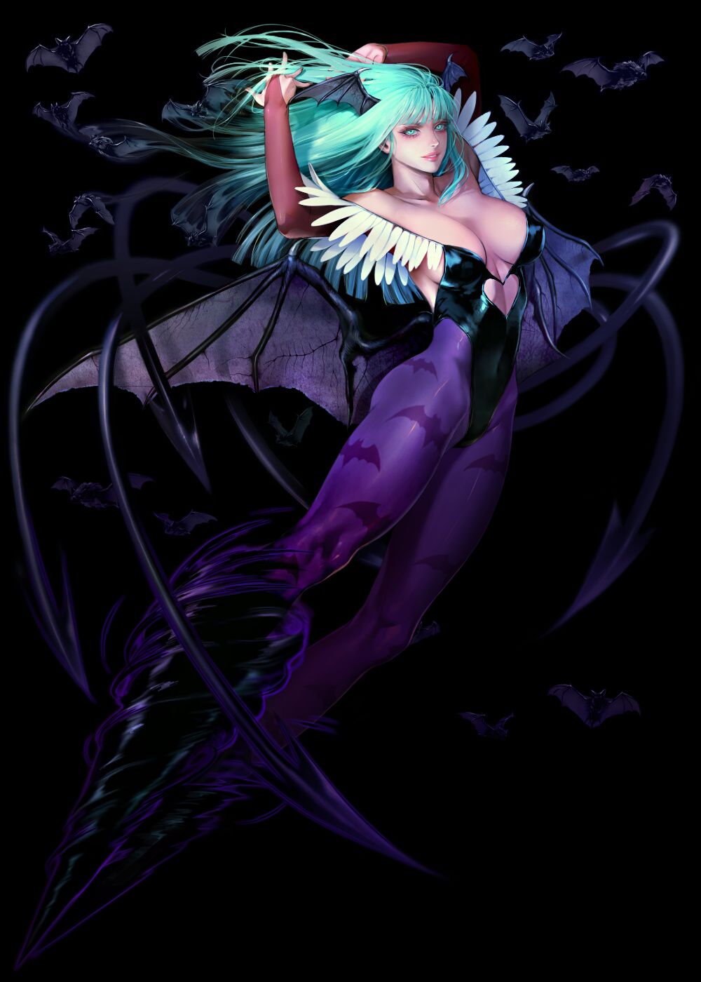 1girl animal_print aqua_eyes aqua_hair arms_up bare_shoulders bat bat_print bat_wings black_background breasts bridal_gauntlets cleavage collarbone covered_navel covered_nipples demon_girl elbow_gloves full_body gloves head_wings heart_cutout highres jdori leotard long_hair looking_at_viewer morrigan_aensland pantyhose parted_lips print_legwear purple_legwear simple_background smile solo succubus vampire_(game) wings