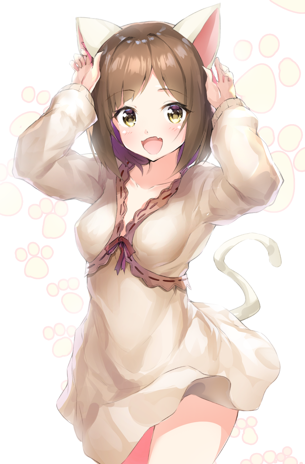 1girl :d animal_ears arms_up blush brown_hair cat_ears cat_tail eyebrows_visible_through_hair fang highres idolmaster idolmaster_cinderella_girls looking_at_viewer maekawa_miku open_mouth paw_background rekareka short_hair smile solo tail white_background yellow_eyes