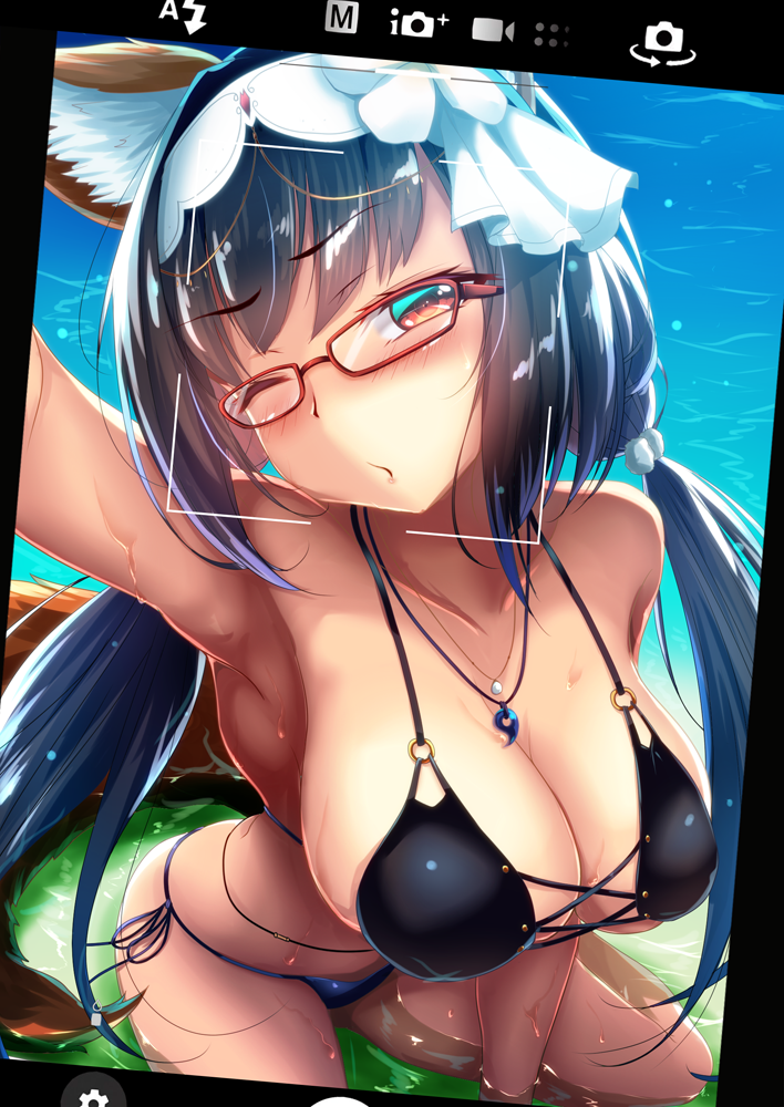 1girl :o animal_ears bikini black_bikini black_hair blush breasts cellphone cleavage collarbone commentary_request fate/grand_order fate_(series) fox_ears fox_tail glasses hair_bobbles hair_ornament hairband lady_foxy large_breasts long_hair looking_at_viewer magatama_necklace o-ring o-ring_bikini ocean one_eye_closed osakabe-hime_(fate/grand_order) phone red-framed_eyewear red_eyes saboten_teishoku self_shot side-tie_bikini smartphone solo swimsuit tail twintails very_long_hair viewfinder water