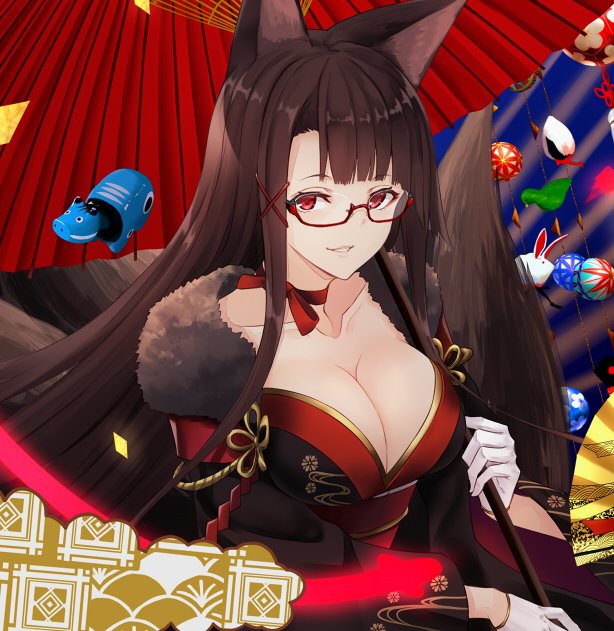 1girl akagi_(azur_lane) animal_ears azur_lane bespectacled breasts brown_hair choker cleavage collarbone fox_ears fur_collar glasses gloves japanese_clothes kimono large_breasts long_hair nabeshima_tetsuhiro oriental_umbrella red_eyes solo umbrella white_gloves