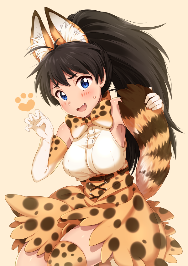 1girl :3 :d animal_ear_fluff animal_ears antenna_hair armpit_crease armpits bangs bare_shoulders black_hair blue_eyes blush bow bowtie breasts brown_belt claw_pose commentary_request cosplay cross-laced_clothes crossover eyebrows_visible_through_hair fang furrowed_eyebrows ganaha_hibiki gloves hands_up high-waist_skirt high_ponytail hiiringu holding_own_tail idolmaster idolmaster_(classic) kemono_friends kemonomimi_mode large_breasts long_hair looking_at_viewer open_mouth orange_background orange_gloves orange_legwear orange_neckwear orange_skirt paw_print print_gloves print_legwear print_neckwear print_skirt serval_(kemono_friends) serval_(kemono_friends)_(cosplay) serval_ears serval_girl serval_print serval_tail shirt shirt_tucked_in simple_background skirt sleeveless sleeveless_shirt smile solo sweatdrop tail thigh-highs thighs very_long_hair zettai_ryouiki