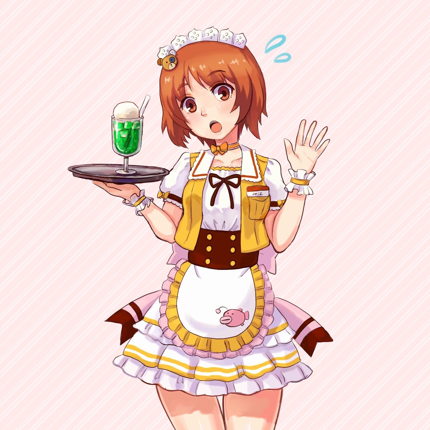 1girl :o alternate_costume anglerfish apron bangs bear_hair_ornament blush boko_(girls_und_panzer) bow brown_eyes brown_hair coco's commentary_request cowboy_shot diagonal-striped_background diagonal_stripes drinking_straw emblem eyebrows_visible_through_hair flustered flying food frilled_apron frilled_skirt frilled_sleeves frills girls_und_panzer glass hair_ornament hand_up head_tilt highres holding ice_cream ice_cream_float jacket large_bow layered_skirt light_frown looking_at_viewer maid_headdress miniskirt name_tag nishizumi_miho open_mouth pink_background pink_bow puffy_short_sleeves puffy_sleeves shirt short_hair short_sleeves skirt sleeveless_jacket solo standing striped striped_background takapachi thigh_gap tray vest waist_apron waving white_apron white_shirt white_skirt wristband yellow_jacket