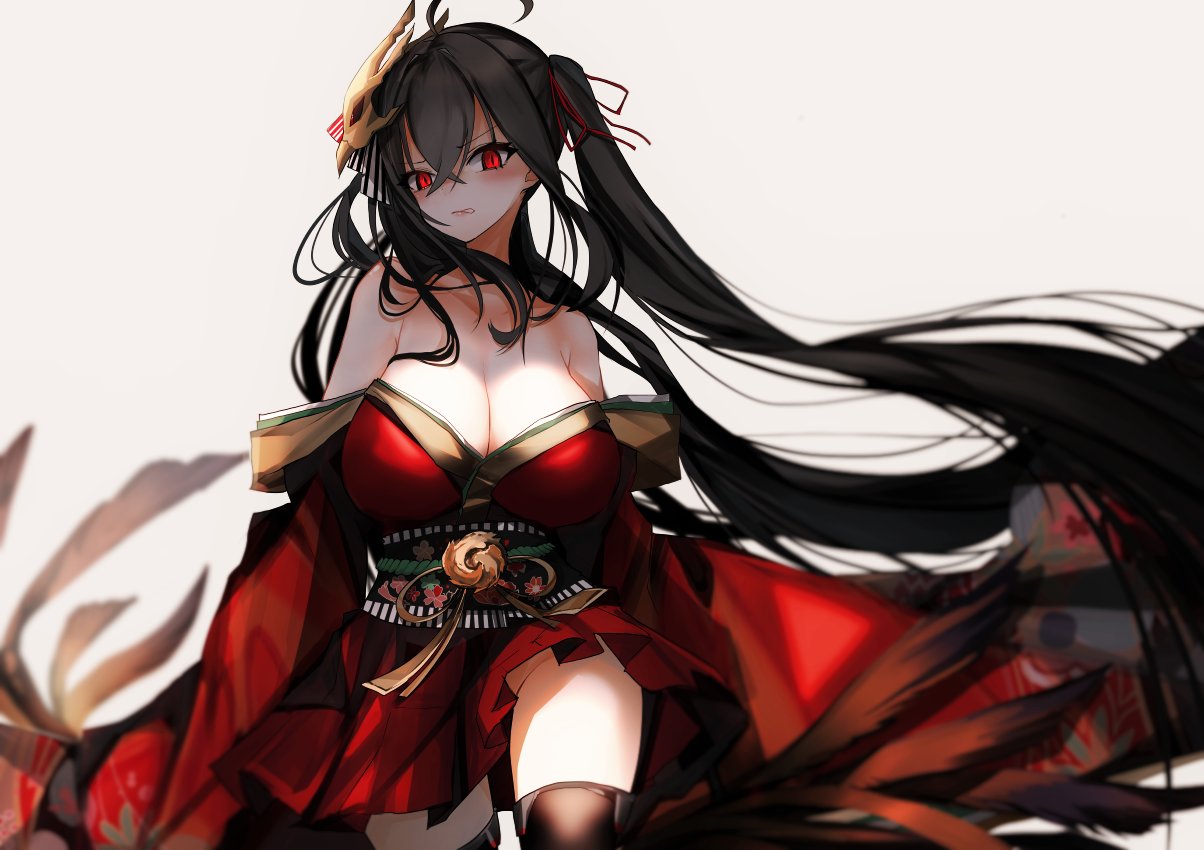 1girl ahoge azur_lane bangs bare_shoulders black_hair black_legwear breasts cleavage clenched_teeth collarbone cowboy_shot crossed_bangs eyebrows_visible_through_hair flight_deck groin hair_between_eyes hair_ornament hair_ribbon huge_breasts japanese_clothes kimono large_breasts long_hair looking_at_viewer mid-stride naruwe obi off_shoulder red_eyes red_kimono red_ribbon red_skirt ribbon sash sidelocks simple_background skirt solo taihou_(azur_lane) teeth thigh-highs thighs twintails very_long_hair walking white_background