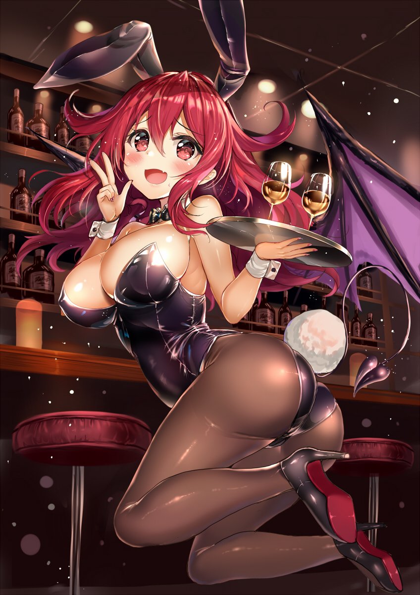 1girl akabane_(zebrasmise) animal_ears ass bar black_leotard black_neckwear bow bowtie breasts brown_legwear bunny_tail bunnysuit commentary_request cup demon_tail detached_collar drinking_glass fang full_body guzuko hair_between_eyes hair_flaps highres jumping leotard long_hair looking_at_viewer lostorage_wixoss medium_breasts open_mouth pantyhose rabbit_ears red_eyes redhead smile solo stool strapless strapless_leotard tail tray v wine_glass wixoss wrist_cuffs