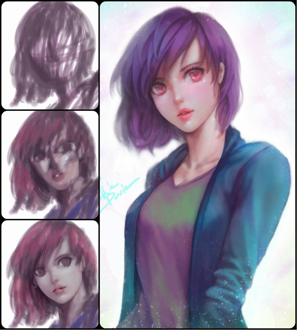 1girl aqua_shirt commentary english_commentary lips looking_at_viewer open_clothes open_shirt parted_lips pink_eyes pink_lips purple_hair shirt short_hair solo speedpaint tan_shirt