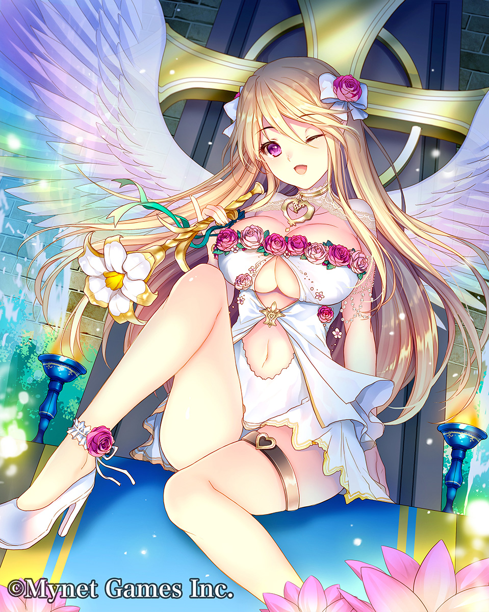1girl ;d altar angel bow brazier breasts carnation cleavage cross flower hair_bow heart high_heels holding holding_wand knee_up large_breasts long_hair looking_at_viewer maboroshi_juuhime navel navel_cutout official_art one_eye_closed open_mouth robosuke sitting smile solo thigh_strap under_boob violet_eyes wand watermark white_bow white_footwear white_wings wings
