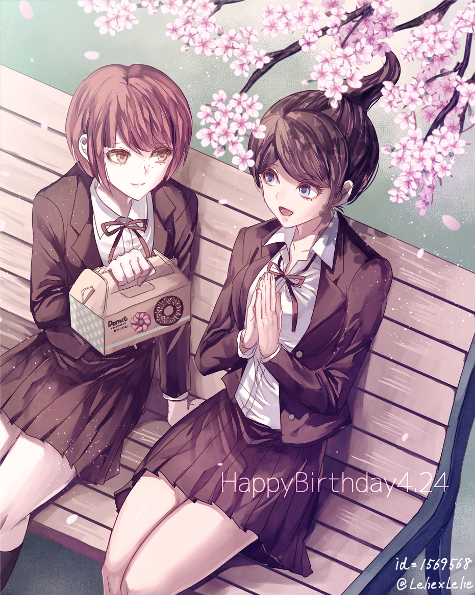 2girls :d arm_support asahina_aoi bangs bench blue_eyes brown_hair brown_jacket brown_skirt cherry_blossoms collarbone dangan_ronpa dress_shirt freckles from_above jacket koizumi_mahiru miniskirt multiple_girls neck_ribbon open_clothes open_jacket open_mouth outdoors parted_bangs pleated_skirt ponytail red_ribbon ribbon school_uniform shirt short_hair sitting skirt smile white_shirt z-epto_(chat-noir86)