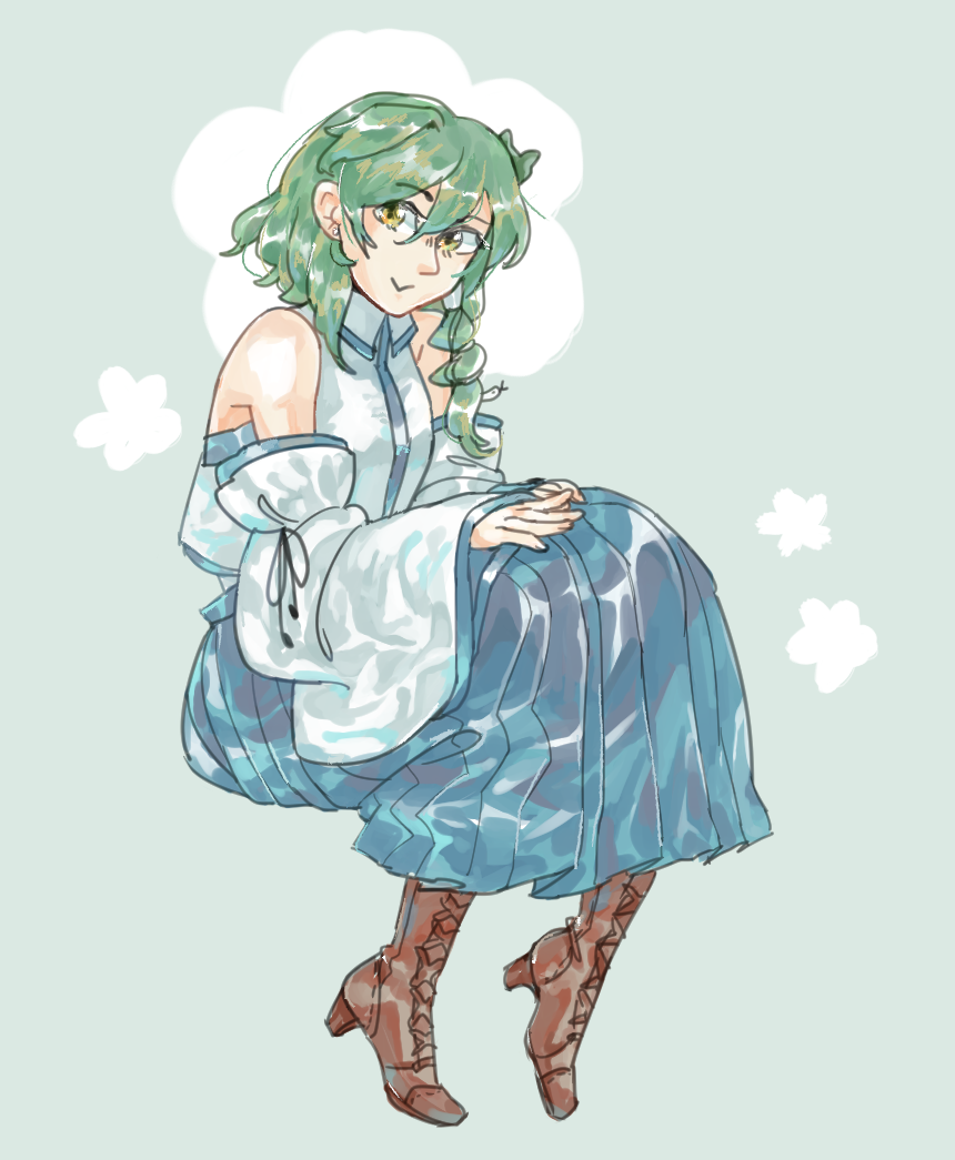 blue_skirt boots brown_footwear cross-laced_footwear detached_sleeves frog_hair_ornament green_eyes green_hair hair_ornament high_heel_boots high_heels kochiya_sanae kyuubiness lace-up_boots long_skirt nontraditional_miko sitting skirt smile snake touhou