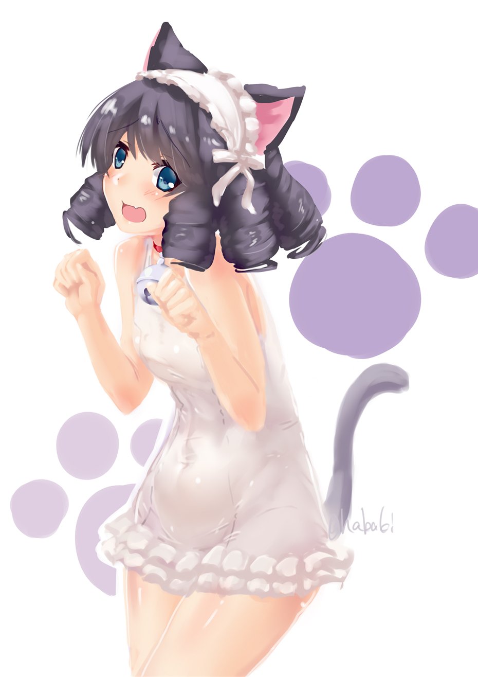 1girl animal_ears bangs bell bell_collar blue_eyes cat_ears cat_tail collar commentary_request covered_navel cowboy_shot curly_hair cyan_(show_by_rock!!) eyebrows_visible_through_hair fang frilled_swimsuit frills grey_hair hairband highres leaning_forward light_frown lolita_hairband looking_at_viewer medium_hair one-piece_swimsuit open_mouth paw_pose paw_print ringlets saezu_habaki show_by_rock!! smile solo standing swimsuit tail twitter_username white_background white_swimsuit