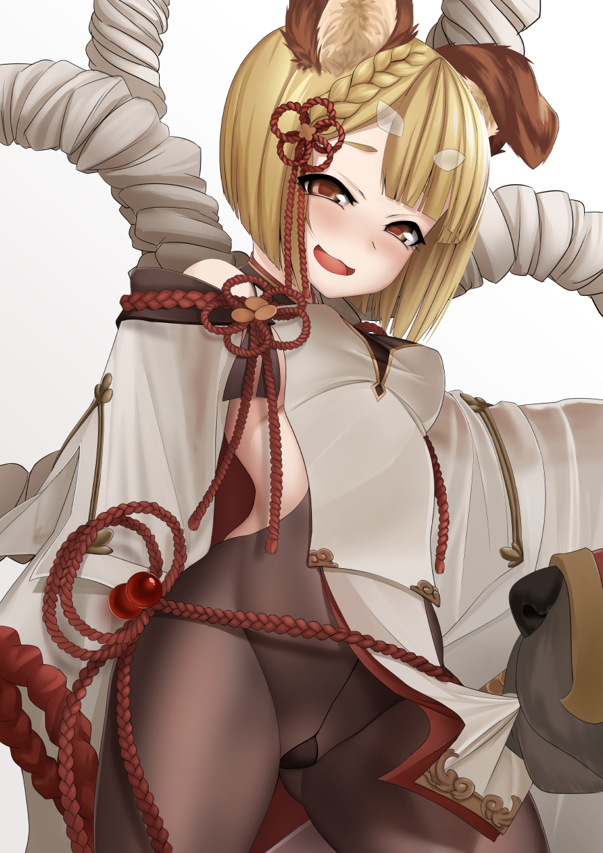 1girl animal_ears bangs blonde_hair blush braid breasts brown_eyes brown_legwear commentary_request detached_sleeves dog dog_ears erune garjana granblue_fantasy gusset highres long_sleeves looking_at_viewer luonawei open_mouth pantyhose rope shimenawa short_hair simple_background sleeves_past_fingers sleeves_past_wrists small_breasts smile solo vajra_(granblue_fantasy) white_background wide_sleeves