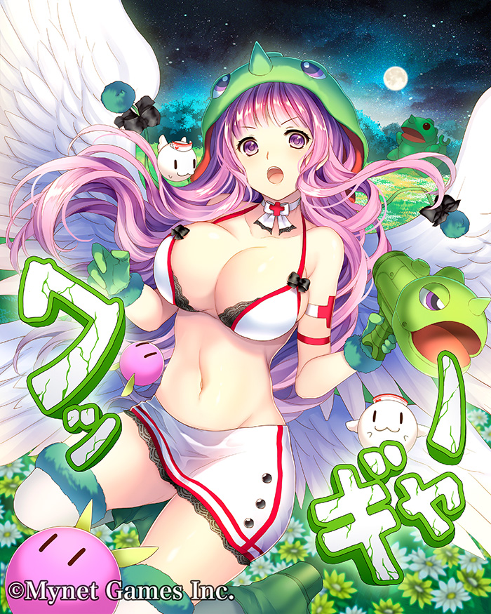 &gt;:o + 1girl :o angel_wings animal_hat armband bare_shoulders bikini breasts choker field flower flower_field full_moon gloves green_footwear green_gloves groin gun hat large_breasts long_hair looking_at_viewer maboroshi_juuhime moon navel night night_sky official_art outdoors purple_hair robosuke sky star_(sky) starry_sky stuffed_animal stuffed_toy swimsuit thigh-highs very_long_hair violet_eyes watermark weapon white_bikini white_choker white_legwear white_wings wings