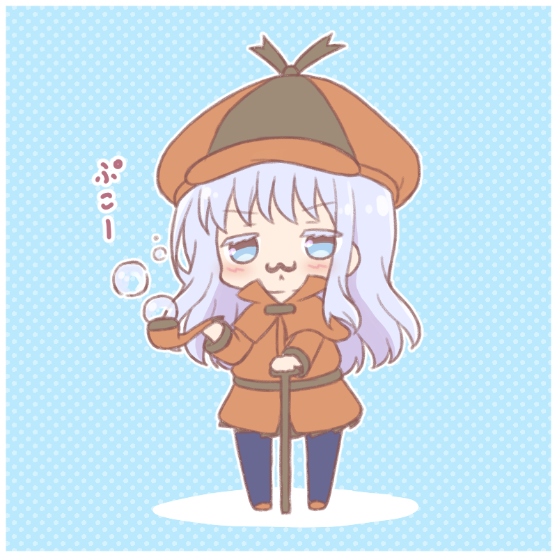 1girl :&lt; bangs blue_background blue_eyes blue_hair blue_legwear blush brown_capelet brown_coat brown_footwear brown_hat bubble bubble_pipe cabbie_hat cane capelet chibi closed_mouth coat colored_eyelashes commentary_request eyebrows_visible_through_hair fake_facial_hair fake_mustache full_body grey_skirt hat holding kirara_fantasia long_hair mitarashi_neko_(aamr7853) pantyhose pipe pleated_skirt polka_dot polka_dot_background sengoku_kamuri skirt slow_start solo standing translated very_long_hair