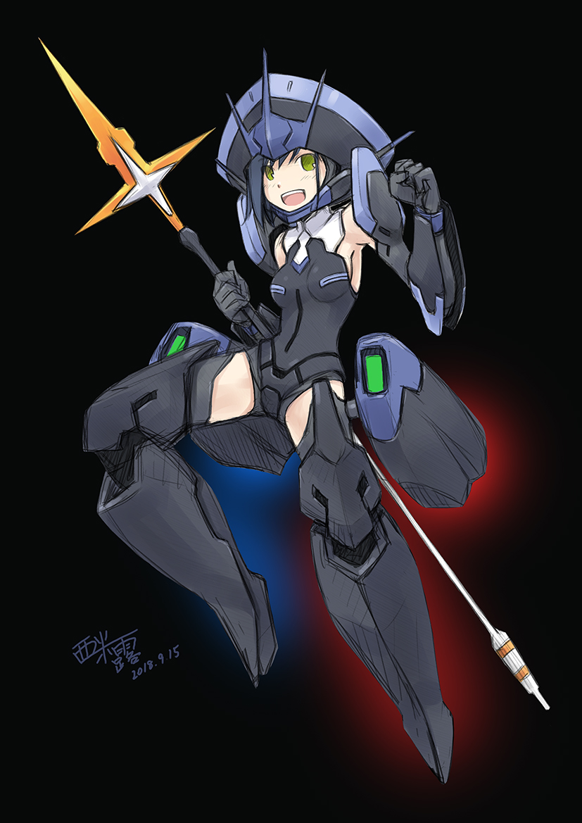 1girl armor bangs bare_shoulders black_armor black_background black_gloves blue blue_hair breasts commentary_request darling_in_the_franxx dated delphinium_(darling_in_the_franxx) eyebrows_visible_through_hair floating flying full_armor gloves green_eyes hair_between_eyes holding holding_spear holding_weapon ichigo_(darling_in_the_franxx) looking_at_viewer mecha_musume open_mouth polearm red short_hair shoulder_armor signature simelu small_breasts smile solo spear teeth thighs weapon