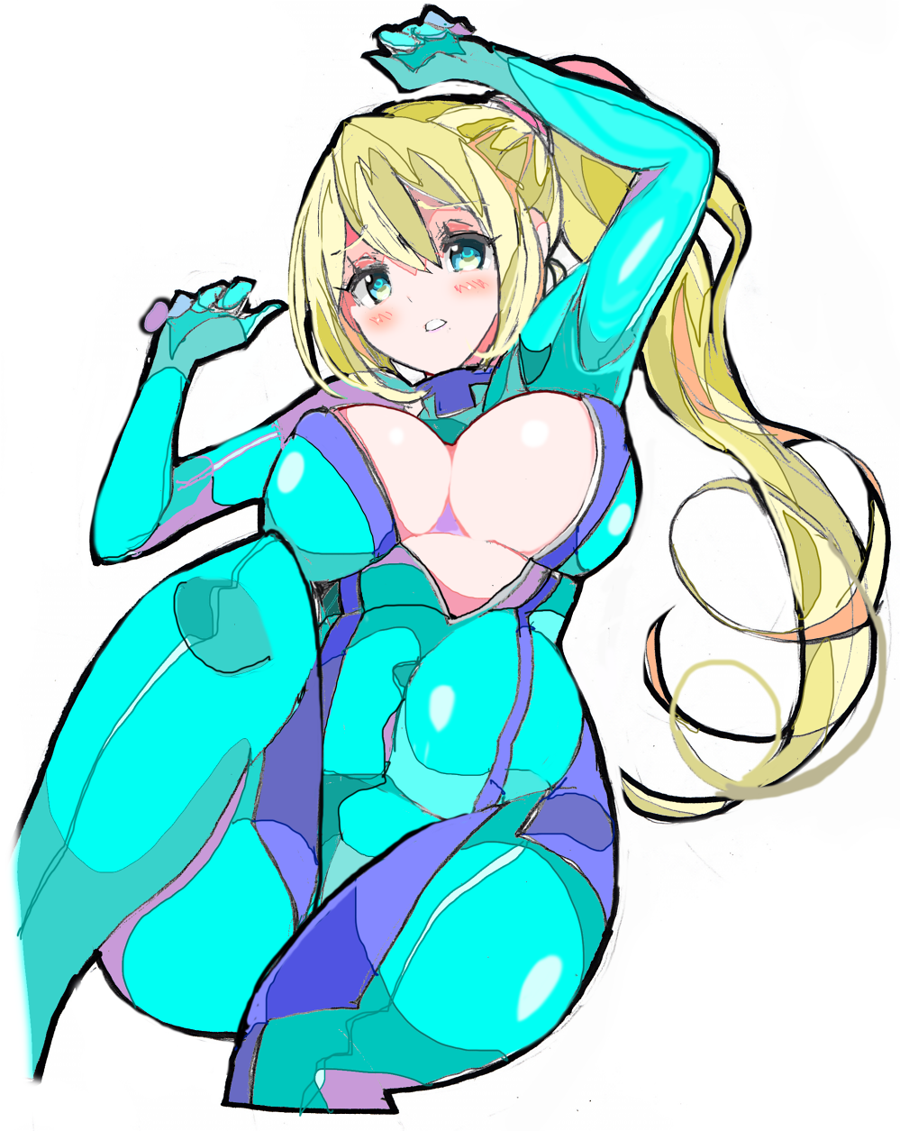 1girl bangs blonde_hair blue_bodysuit blue_eyes blush bodysuit breasts center_opening covered_nipples enpe eyebrows_visible_through_hair furrowed_eyebrows hair_between_eyes highres large_breasts long_hair looking_at_viewer metroid nintendo ponytail samus_aran simple_background solo white_background zero_suit