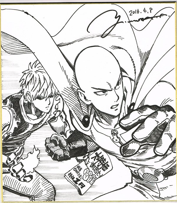 2boys black_sclera cape clenched_hand commentary_request dated earrings fire frown genos gloves jewelry male_focus marker_(medium) monochrome multiple_boys murata_yuusuke one-punch_man saitama_(one-punch_man) serious signature stud_earrings traditional_media translation_request zipper
