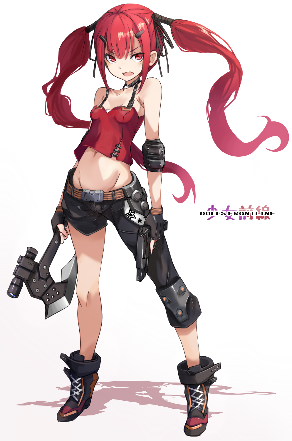 1girl asymmetrical_legwear axe bangs bare_shoulders black_footwear black_pants black_ribbon boots breasts camisole commentary_request cross-laced_footwear cz-75 cz-75_(girls_frontline) eyebrows_visible_through_hair full_body girls_frontline groin gun hair_between_eyes hair_ornament hair_ribbon hairclip handgun highres holding holding_axe holding_gun holding_weapon karukan_(monjya) lace-up_boots long_hair looking_at_viewer navel open_mouth pants pistol red_camisole red_eyes redhead revision ribbon sidelocks small_breasts solo standing twintails v-shaped_eyebrows very_long_hair weapon white_background