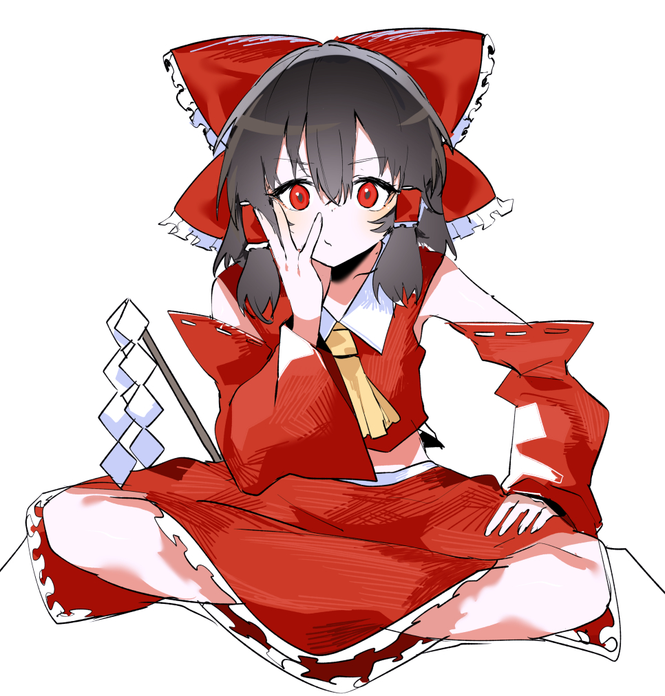 1girl ascot bangs black_hair bow closed_mouth ddari detached_sleeves eyebrows_visible_through_hair frilled_bow frills full_body gohei hair_between_eyes hair_bow hair_tubes hakurei_reimu hand_up long_sleeves looking_at_viewer red_bow red_eyes red_shirt red_skirt red_sleeves ribbon-trimmed_sleeves ribbon_trim shirt simple_background sitting skirt skirt_set sleeveless sleeveless_shirt sleeves_past_wrists solo touhou white_background wide_sleeves yellow_neckwear