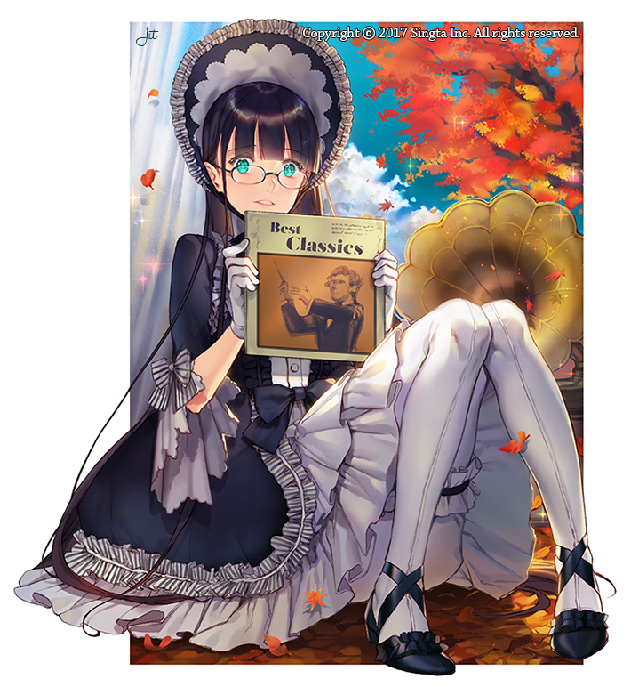 1girl artist_name autumn_leaves bangs black_bow black_dress black_footwear black_hair blue_eyes blue_sky blunt_bangs bonnet bow clouds day dress frilled_skirt frills full_body glasses gloves holding jit long_hair looking_at_viewer official_art on_ground outdoors parted_lips phonograph record_jacket sid_story sitting skirt sky solo striped striped_bow thigh-highs watermark white_gloves white_legwear