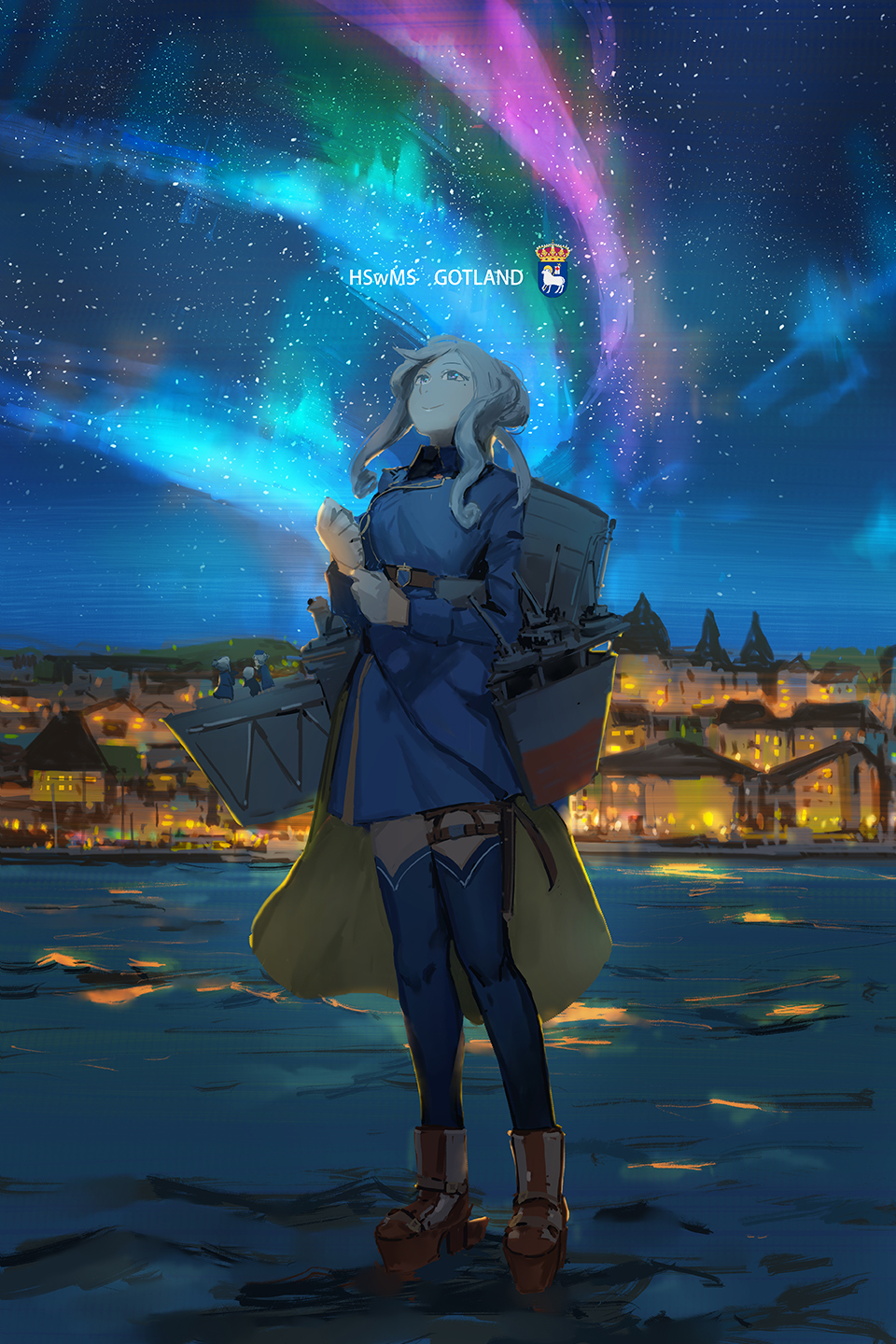 1girl aurora black_neckwear blue_eyes blue_hair blue_jacket blue_legwear character_name cityscape commentary emblem english_commentary full_body gloves gotland_(kantai_collection) highres jacket kantai_collection long_hair long_sleeves looking_up machinery military military_uniform night night_sky real_world_location sky solo standing standing_on_liquid sweden thigh-highs uniform white_gloves ye_fan