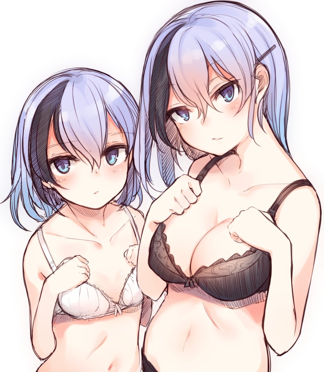 2girls age_comparison black_bra black_hair black_panties blue_eyes bra breasts dual_persona hair_ornament hairclip hands_on_own_chest highres kinukawa_chinatsu looking_at_viewer medium_breasts multicolored_hair multiple_girls older panties parted_lips purple_hair short_hair small_breasts tsunekichi underwear underwear_only white_background white_bra younger