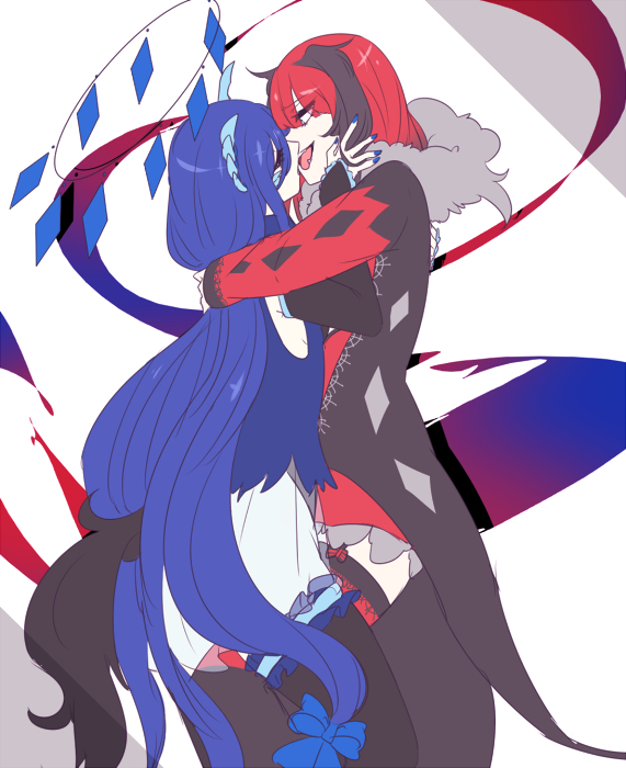 2girls arm_around_waist arms_around_neck black_hair blue_eyes blue_hair breasts creatures_(company) fangs game_freak garter_straps gen_6_pokemon horns imminent_kiss medium_breasts multicolored_hair multiple_girls nintendo personification pokemon redhead shikkoku_neko thigh-highs xerneas yuri yveltal